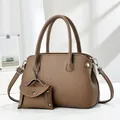 Brown lychee texture leather handbag with matching mini pouch and adjustable strap - Brown