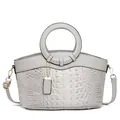 Light gray faux crocodile leather handbag with circular handles and gold hardware - Off White