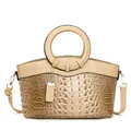 Sac à main beige élégant avec relief crocodile, poignée ronde et bandoulière réglable - Kaki