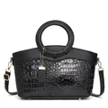 Sac à main chic noir avec texture crocodile, poignée ronde en métal et finitions dorées - Noir
