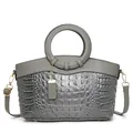 Sac à main élégant gris à motif crocodile avec poignée ronde et bandoulière amovible - Gris