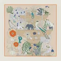 Artistic square silk scarf with exotic animals and fountain print in beige and orange - Jungle Spring Animals (6149479955044) / 110X110CM / Beige