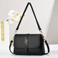 Minimalist black lychee pattern PU leather crossbody bag with golden geometric clasp - Style 2 (Interlocking Square Buckle) / Black
