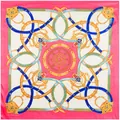 90cm square silk scarf featuring luxury chain and stirrup print with pink border - Rose Red