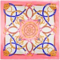 Equestrian chain print 90cm square silk scarf with gold belt buckles and crown motifs - Pink