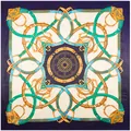 European luxury silk scarf featuring equestrian chain patterns and gold buckle design - Navy Blue