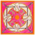 Flat lay of a large silk square scarf featuring orange and pink equestrian belt patterns - Orange Border