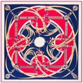 Elegant fuchsia twill silk scarf with navy corners and golden horse harness pattern - White Trim