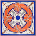 Orange and navy silk scarf with vintage equestrian horse harness and buckle patterns - Royal Blue Border