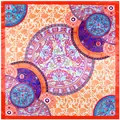 Detailed pattern of blue porcelain square silk scarf with vintage floral motifs and red border - Large Square / Orange