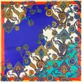 Silk-like satin square scarf with colorful bohemian paisley patterns and vibrant borders - 90cm*90cm / Sapphire Blue
