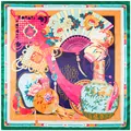 Luxurious Chinese style blue silk square scarf with peony and knot patterns 90x90cm - 90cm*90cm / Green