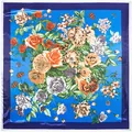 Blue floral silk square scarf with colorful rose patterns and elegant deep blue borders - 90cm*90cm / Blue