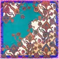 Blue and pink bohemian paisley silk-feel square scarf with rich floral pattern - 90cm*90cm / Cyan