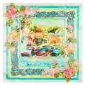 Square silk scarf with Mediterranean coastal town print and turquoise floral border - Light Green