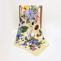 Detail of silk satin scarf featuring blue morning glory and butterfly prints on cream base - Beige