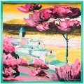 Silk scarf 90x90cm featuring oil painting landscape with pink trees and white houses - 90cm*90cm / Green
