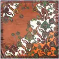 Detailed view of bohemian paisley print on glossy 90cm square silk satin scarf - 90cm*90cm / Coffee