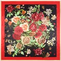 Detail of premium satin square scarf featuring vintage red rose floral print on black - 90cm*90cm / Black