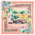 Square silk scarf with peach pink and green oil painting design featuring coastal boats - Pink