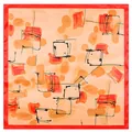 Abstract hand-painted square silk scarf with bright orange and red geometric patterns - Orange