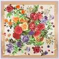 Elegant 90x90cm floral silk-feel scarf with colorful roses and golden border framing - 90cm*90cm / Beige