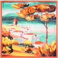 Silk square scarf featuring vibrant oil painting of European architecture and trees - 90cm*90cm / Orange
