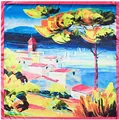 Close-up of square silk scarf with Impressionist oil painting architecture and pink border - 90cm*90cm / Rose Red