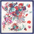 Elegant 90cm floral square silk scarf with blue border and vibrant flower prints - 90cm*90cm / Navy Blue