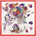 Square silk scarf with floral butterfly pattern and red border on cream background - 90cm*90cm / Orange Red