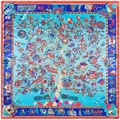 Carré de soie style ethnique avec motifs arbre de vie et éléphants colorés - 90cmx90cm / Bleu Eau