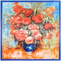 Sciarpa quadrata in seta con pittura a olio floreale stile Van Gogh e bordo blu - 90cmx90cm / Blu