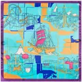 Detailmuster des 90cm quadratischen Seidenschals mit Segelschiffen und Achterbahnen - Grün
