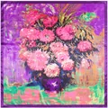 Foulard di seta 90x90cm in stile Van Gogh con pittura a olio e fiori rosa quadrati - 90cmx90cm / Viola