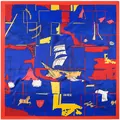 90x90cm Seidenquadrat-Schal mit Segelschiff- und Vintage-Themenpark-Druckmotiven - Königsblau
