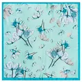Mint green square silk scarf featuring blue abstract floral art and deep teal borders - Blue