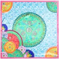 Blue porcelain style square silk scarf with floral motifs and pink border trim - Large Square / Rose Red Border