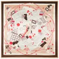 Detail of vintage Paris street scene print on 90cm square silk scarf with jewelry patterns - Khaki