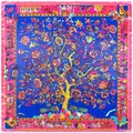 Carré de soie ethnique 90cm avec arbre de vie et imprimés éléphants en bleu vif - 90cmx90cm / Bleu Royal