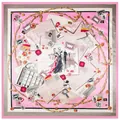 Silk feel square scarf with pink borders featuring vintage mail and parisian fashion prints - Pink