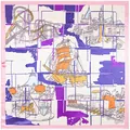 Flachbild-Detail eines 90cm Seidenschals mit Skizzen von Schiffen und Zügen in Lila - Rosa
