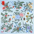 Light blue silk square scarf with colorful hand-painted flower and insect botanical prints - 90x90cm / Sky Blue