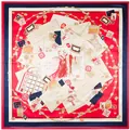 90x90cm vintage architecture print silk scarf with red letters and elegant chain pattern - Red