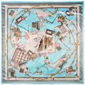 90x90cm sky blue silk-like scarf with vintage travel stamp and jewelry prints - Blue