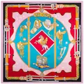 90x90cm square silk scarf featuring a red and blue western cowboy and horse motif - Pink