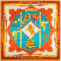 Flat lay of 90cm square silk scarf with orange blue western cowboy and horse motifs - Orange