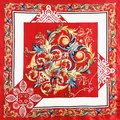 Baroque style red square scarf with golden acanthus patterns and floral motifs - Red