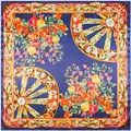 Μεταξωτό μαντήλι 90x90cm με vintage φλοράλ σχέδια και τροχούς σε σκούρο μπλε μετάξι - Ναυτικό μπλε