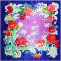 90x90cm floral silk scarf with Chinese peony print and elegant navy blue border - Blue