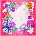 Close-up of bright pink silk scarf featuring intricate floral patterns and baroque scrolls - Rose Red